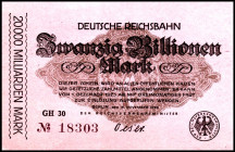 REICHSBAHN. 
Berlin, Reichsverkehrsminister. 20 Bio.Mark 5.11.1923. M.-G. 002.29a, d, h., Grab. RVM-19. (3). 


I