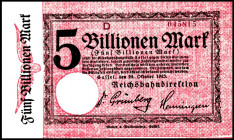 REICHSBAHN. 
Cassel, Reichsbahndirektion. 5 Bio.Mark 24.10.1923. Mü-Ge. 004. 25a.d. (2). 


1x Eckfleck, I