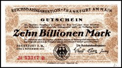 REICHSBAHN. 
Frankfurt / Main, Reichsbahndirektion. 1,5, 10 Billionen 2.11.,6.11.1923. Mü-G 008.15c, 19, 21. . 


2x I, 1x II, unten l. Fleck