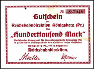 REICHSBAHN. 
Königsberg, Reichsbankdirektion. 100.000 Mark 18.8.1923. Mü-Ge. 014.2. . 


fleckig, III