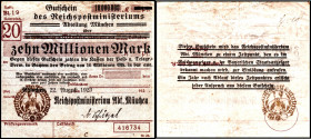 REICHSPOST. 
BAYERN. 
MÜNCHEN, Reichspostministerium, Abt. München. 10 Mio. Mark 22.8.1923 Gutschein.Heft B1.19. Mü-Ge 131b. . 


III-