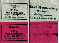 RHEINLAND. 
Osberghausen, Metzgerei Paul Kranenberg. Metzgerei Paul Kranenberg o.D 5, 10, 50 Pf. 1947. Ke.&nbsp; 193. 3 Scheine. 


II