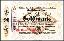 RHEINLAND. 
Solingen Städt.Gas-,Wasser u.Elektrizitätswerke. 2 Gold Mark 20.10.1923 Stempel "Wertlos". v.E. 1235.4. . 


l. verwaschen , I-II
