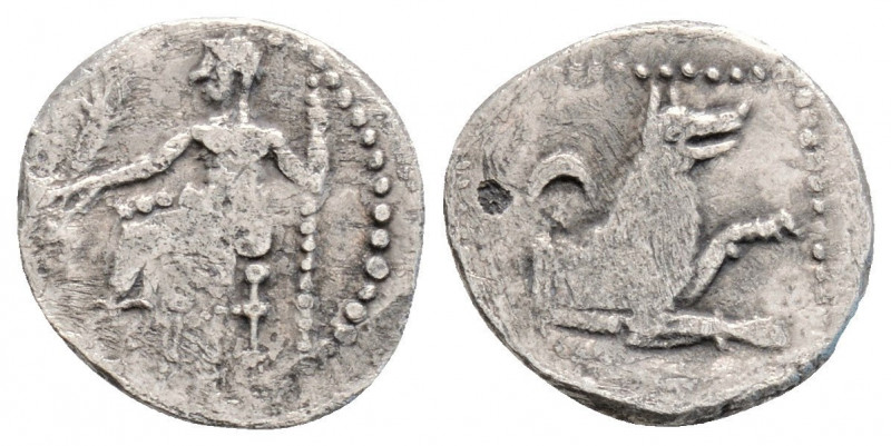 Obol AR
Lycaonia, Laranda, c. 324/3 BC, Baaltars seated left, holding grain ear...