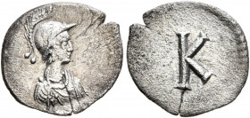 ½ Siliqua AR
Constantinople, time of Justinian I, c. 530 AD, Draped and cuirassed bust of Constantinopolis to right, wearing crested helmet / Large K...