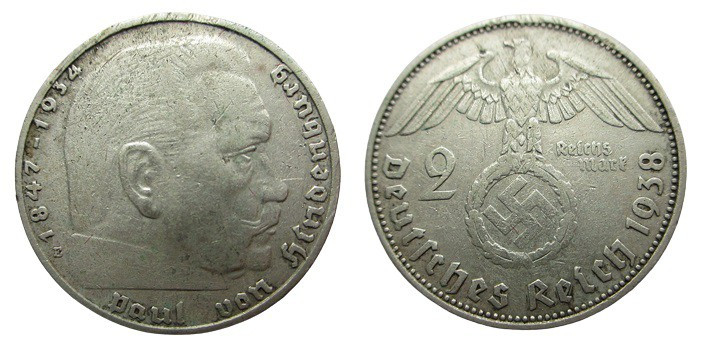 2 Mark Ar
Hindenburg, 1938, E
30 mm, 8 g