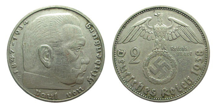 2 Mark Ar
Hindenburg, 1938, E
30 mm, 8 g