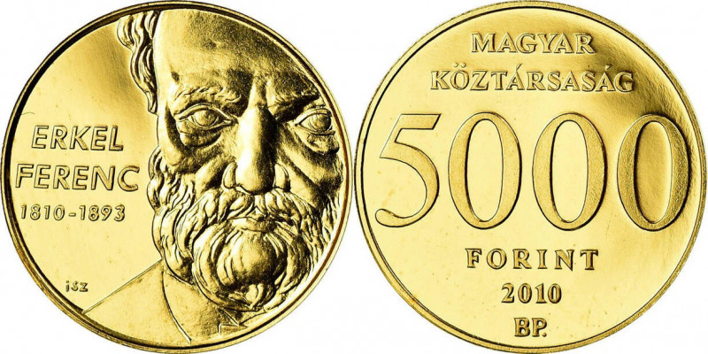 5000 Forint AV
Hungary, Erkel Ferenc (1810-1893), 2010, Gold 585/1000
11 mm, 0...