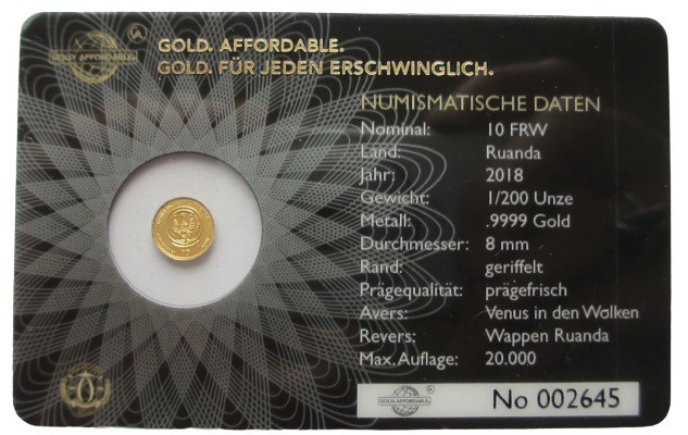 1/200 oz Av
Venus in den Wolken, Gold 999/1000
8 mm