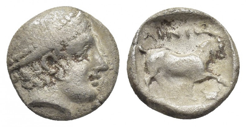 THRACE, Ainos. (Circa 408-406 BC). AR Diobol
Obv: Head of Hermes right wearing ...