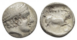 THRACE, Ainos. (Circa 408-406 BC). AR Diobol
Obv: Head of Hermes right wearing petasos.
Rev: AINI.
Goat standing right; crab below raised foreleg....