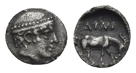 THRACE, Ainos. (Circa 427-424 BC). AR Diobol.
Obv: Head of Hermes right, wearin...