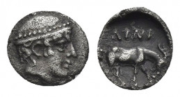 THRACE, Ainos. (Circa 427-424 BC). AR Diobol.
Obv: Head of Hermes right, wearing petasos.
Rev: AINI.
Goat standing right, feeding on branch.
May 2...