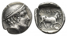 THRACE, Ainos. (Circa 408-406 BC). AR Diobol.
Obv: Head of Hermes right wearing petasos.
Rev: AINI.
Goat standing right; crab below raised foreleg....