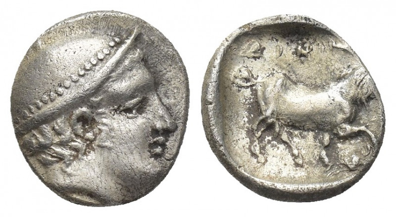 THRACE, Ainos. (Circa 408-406 BC). AR Diobol.
Obv: Head of Hermes right wearing...