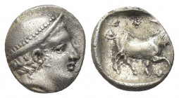 THRACE, Ainos. (Circa 408-406 BC). AR Diobol.
Obv: Head of Hermes right wearing petasos.
Rev: AINI.
Goat standing right; crab below raised foreleg....