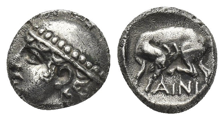 THRACE, Ainos. (Circa 421-418 BC). AR Diobol.
Obv: Head of Hermes left, wearing...