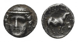 THRACE, Ainos. (Circa 400-350 BC). AR Diobol
Obv: Head of Hermes facing, wearing petasos.
Rev: AINI.
Goat standing right; grain ear to lower right;...