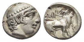 THRACE, Ainos. (Circa 435-405 BC). AR Diobol.
Obv: Head of Hermes right, wearing petasos.
Rev: AIN.
Goat walking right.
HGC 3.2, 1274.
Condition:...