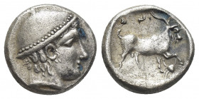 THRACE, Ainos. (Circa 408-406 BC). AR Tetrobol.
Obv: Head of Hermes right wearing petasos.
Rev: AINI.
Goat standing right; crab below raised forele...