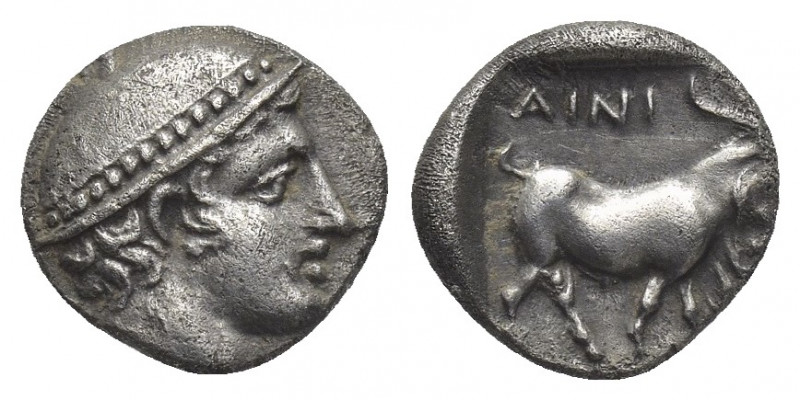 THRACE, Ainos. (Circa 408-406 BC). AR Diobol.
Obv: Head of Hermes right, wearin...