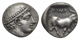 THRACE, Ainos. (Circa 408-406 BC). AR Diobol.
Obv: Head of Hermes right, wearing petasos.
Rev: AINI.
Goat standing right, raising foreleg.
May 292...