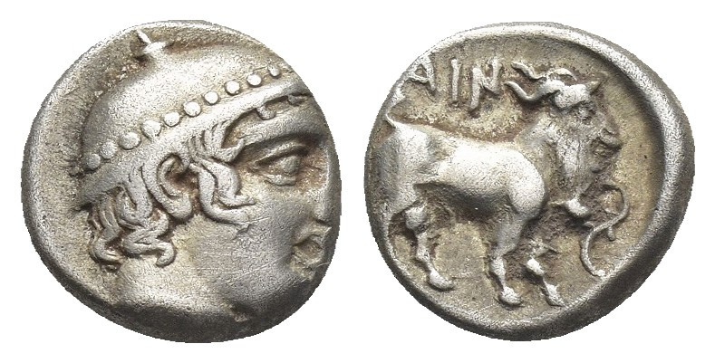 THRACE, Ainos. (Circa 427/6-425/4 BC). AR Diobol.
Obv: Head of Hermes right, we...