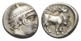 THRACE, Ainos. (Circa 427/6-425/4 BC). AR Diobol.
Obv: Head of Hermes right, wearing petasos.
Rev: AIN.
Goat standing right; tendril to right.
May...