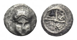 THRACE, Mesembria. (Circa 400-350 BC). AR Obol.
Obv: Crested Corinthian helmet facing.
Rev: M-E-T-A. Anticlockwise within four-spoked wheel.
SNG BM...