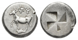 THRACE, Byzantion. (Circa 340-320 BC). AR Drachm.
Obv: (YΠ)Y.
Heifer with front left leg raised, standing to left on a dolphin swimming to left. .
...