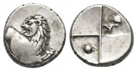 THRACE, Chersonesos. (Circa 386-338 BC). AR Hemidrachm.
Obv: Forepart of lion right, head left.
Rev: Quadripartite incuse square with alternating ra...