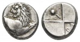 THRACE, Chersonesos. (Circa 386-338 BC). AR Hemidrachm.
Obv: Forepart of lion right, head left.
Rev: Quadripartite incuse square: pellet and I in op...
