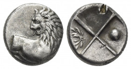 THRACE, Chersonesos. (Circa 386-338 BC). AR Hemidrachm.
Obv: Forepart of lion right, head left.
Rev: Quadripartite incuse square, with alternating r...