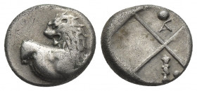 THRACE, Chersonesos. (Circa 386-338 BC). AR Hemidrachm.
Obv: Forepart of lion right, head reverted.
Rev: Quadripartite incuse square with alternatin...
