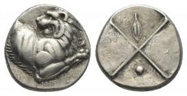 THRACE, Chersonesos. (Circa 386-338 BC). AR Hemidrachm.
Obv: Forepart of lion right, head left.
Rev: Quadripartite incuse square; barley grain in on...