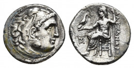 KINGS OF MACEDON. Alexander III 'the Great' (336-323 BC). Drachm. Abydos.
Obv: Head of Herakles right, wearing lion skin.
Rev: AΛΕΞΑΝΔΡΟΥ.
Zeus sea...