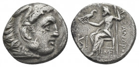 KINGS OF MACEDON. Alexander III 'the Great' (336-323 BC). Drachm. Lampsakos.
Obv: Head of Herakles right, wearing lion skin.
Rev: AΛEΞANΔPOY.
Zeus ...