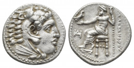 KINGS OF MACEDON. Alexander III 'the Great' (336-323 BC). Drachm. Miletos.
Obv: Head of Herakles right, wearing lion skin.
Rev: AΛEΞANΔPOY.
Zeus se...
