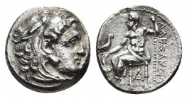KINGS OF MACEDON. Alexander III 'the Great' (336-323 BC). Drachm. Sardes.
Obv: Head of Herakles right, wearing lion skin.
Rev: AΛEΞANΔPOY.
Zeus sea...