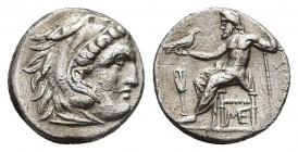 KINGS OF MACEDON. Antigonos I Monophthalmos (circa 310-301 BC). Drachm. Lampsakos.
Obv: Head of Herakles right, wearing lion skin.
Rev: [AΛEΞANΔPOY]...
