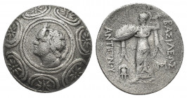 Kingdom of Macedon, Antigonos II Gonatas (struck circa 275-255 BC). AR, Tetradrachm. Amphipolis.
Obv: Horned head of Pan to left, lagobolon over shou...
