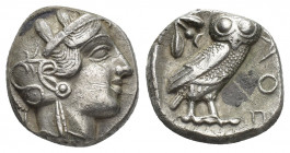 ATTICA. Athens. Tetradrachm (Circa 454-404 BC).
Obv: Helmeted head of Athena right, with frontal eye.
Rev: AΘE.
Owl standing right, head facing; ol...
