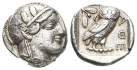 ATTICA. Athens. Tetradrachm (Circa 454-404 BC).
Obv: Helmeted head of Athena right, with frontal eye.
Rev: AΘE. Owl standing right, head facing; oli...