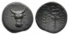 KINGS OF PAPHLAGONIA. Pylaimenes II/III Euergetes(Circa 133-103 BC). AE.
Obv: Facinghead of a bull.
Rev:ΒΑΣΙΛΕΩΣ - ΠYΛΑΙΜΕΝΟΥ / ΕΥΕΡΓΕΤΟΥ.
Winged k...