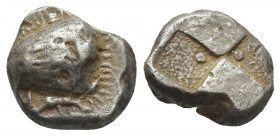 PAPHLAGONIA, Sinope. (Circa 490-425 BC). AR Drachm.
Obv: Head of sea-eagle left, with 'talon'; below, dolphin left.
Rev: Quadripartite incuse square...