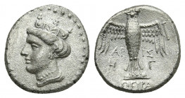 Pontos, Amisos (Circa 435-370 BC). Aris–, magistrate. AR, Drachm.
Obv: Head of Hera, left; wearing ornate stephanos.
Rev: Owl, with spread wings, st...