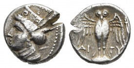 Pontos, Amisos (Circa 435-370 BC). AR, Drachm.
Obv: Head of Hera left, wearing ornate stephanos.
Rev: Owl standing facing on shield, with wings spre...