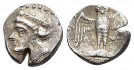 Pontos, Amisos (Circa 435-370 BC). AR, Drachm.
Obv: Head of Hera left, wearing ornate stephanos.
Rev: Owl standing facing, wings spread, on shield; ...