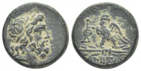 PONTOS. Amisos. (Circa 100-85 BC). AE
Obv: Laureate head of Zeus right.
Rev: AMIΣOV.
Eagle, with head right, standing left on thunderbolt; monogram...