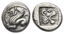 TROAS, Assos. (Circa 500-450 BC). AR, Drachm.
Obv: Griffin seated left; tongue out.
Rev: Lion head right, prominent teeth and tongue out; within squ...